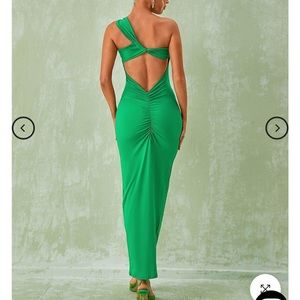 One shoulder green ruched back dress